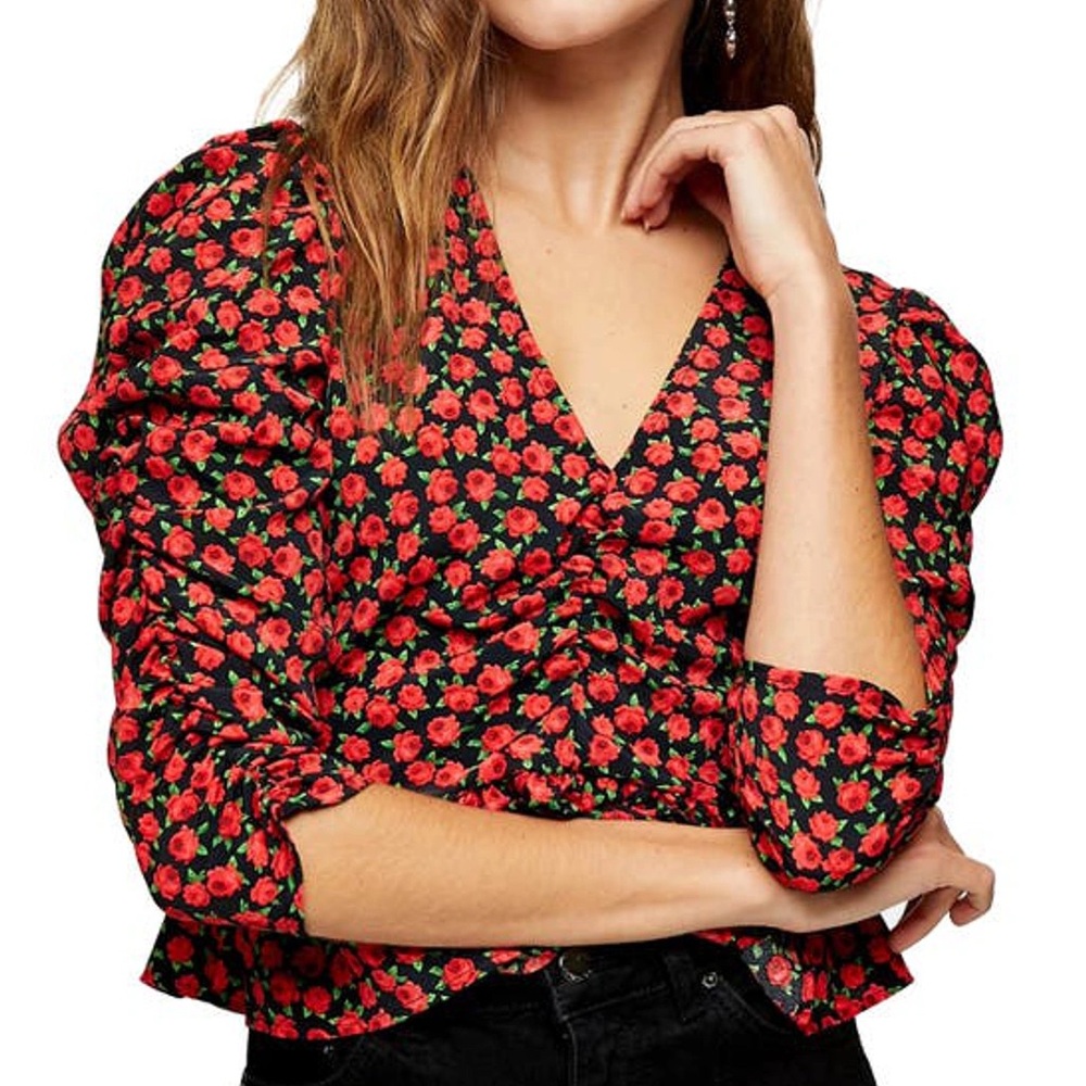 Topshop Rose Print Peplum Top - Size 6, Red/Black/Green